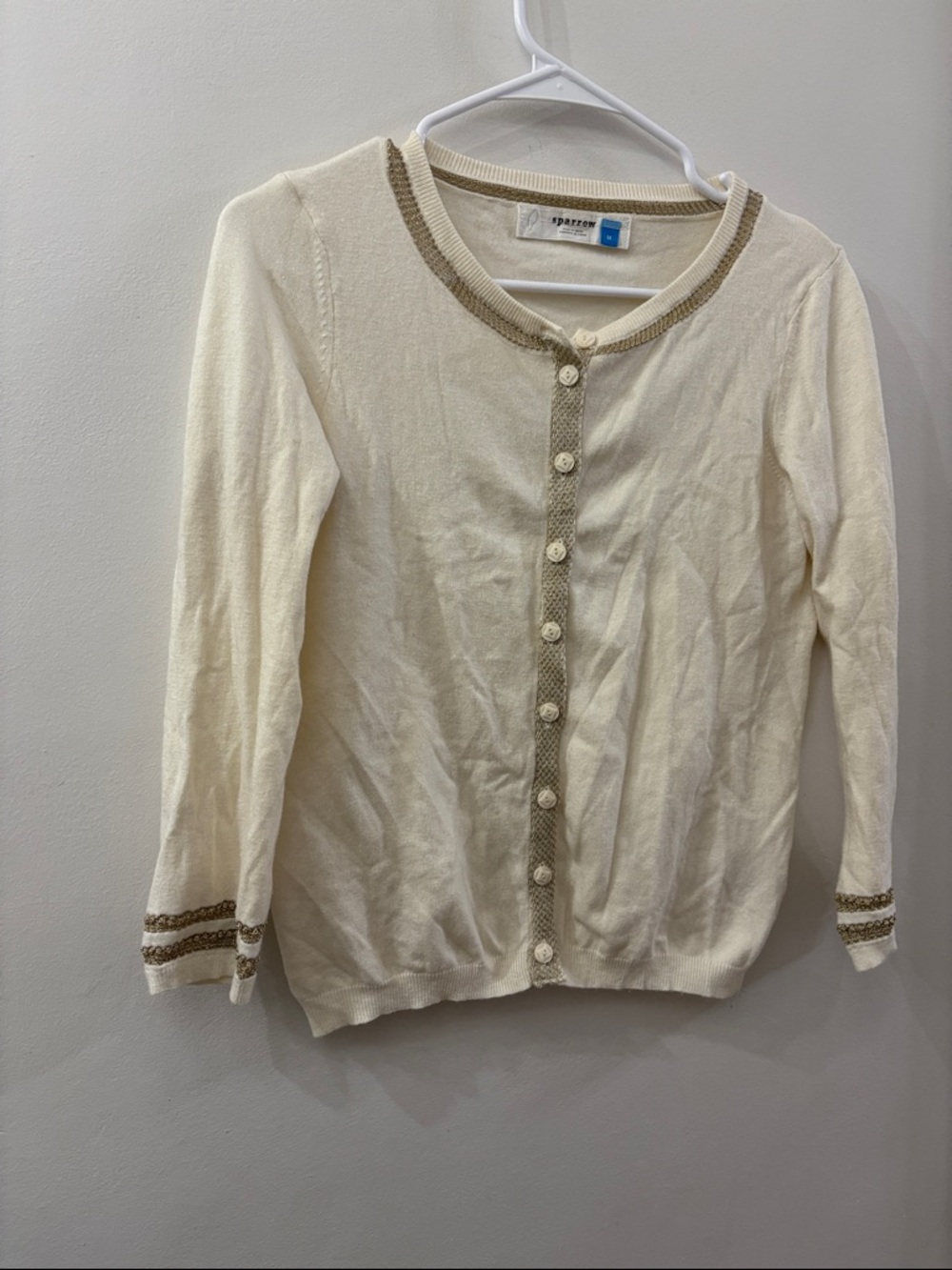 Anthropologie - sparrow - Cream Button-Up Cardigan with Contrast Trim- medium